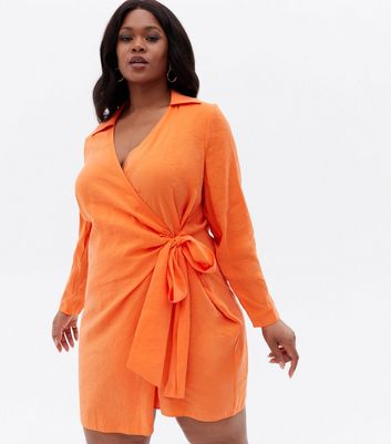 Curves Bright Orange Collared Mini Wrap Dress | New Look